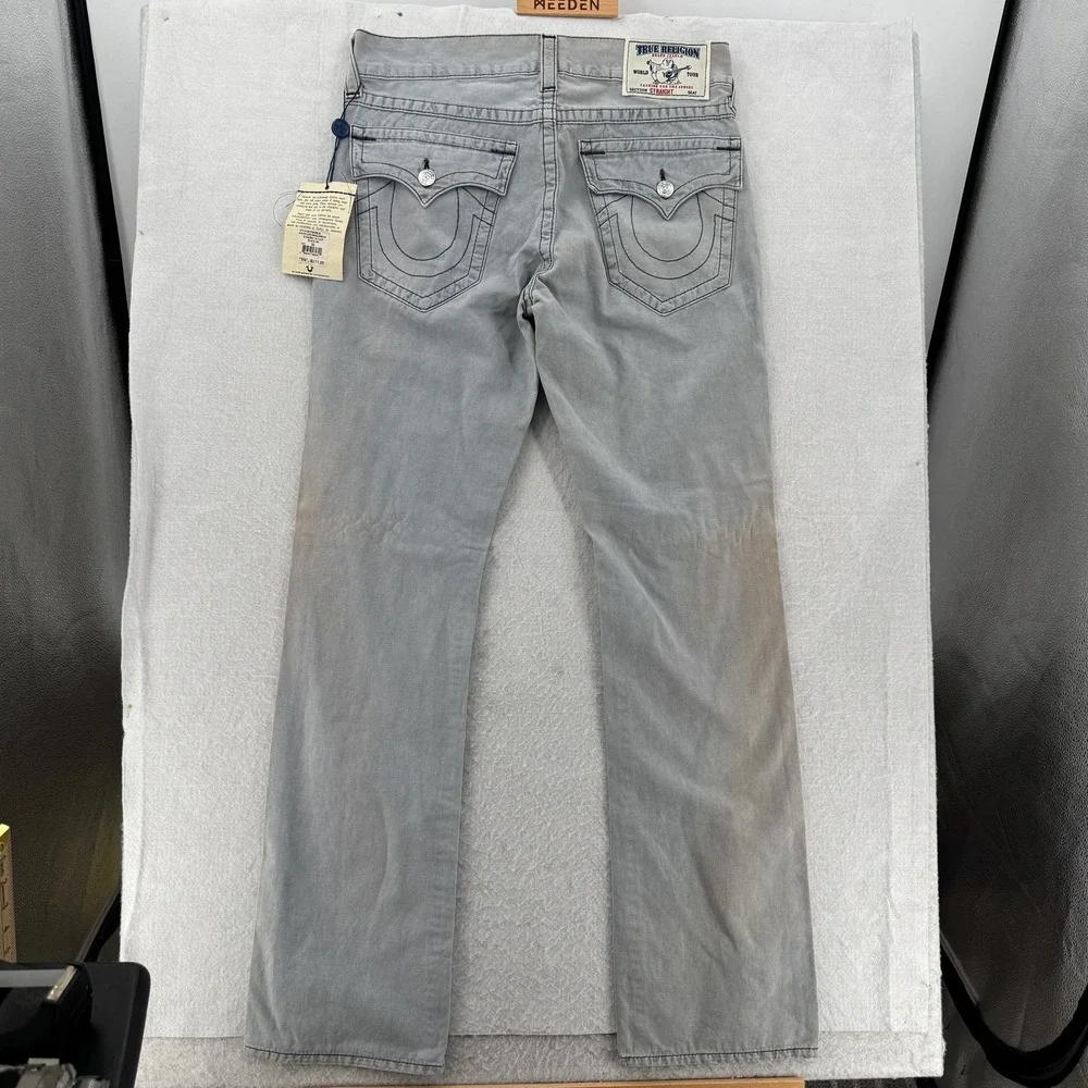 True Religion Jeans Mens 32 Gray Straight Rising Smoke Flap Pockets Distress NWT